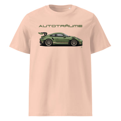 Fraiche Peche unisex organic cotton t-shirt with olive green Porsche GT3 RS illustration and “AUTOTRÄUME” text. TheTeeShop Porsche Collection exclusive.