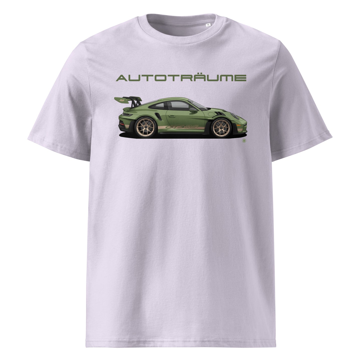Lavender unisex organic cotton t-shirt with olive green Porsche GT3 RS illustration and “AUTOTRÄUME” text. TheTeeShop Porsche Collection exclusive.