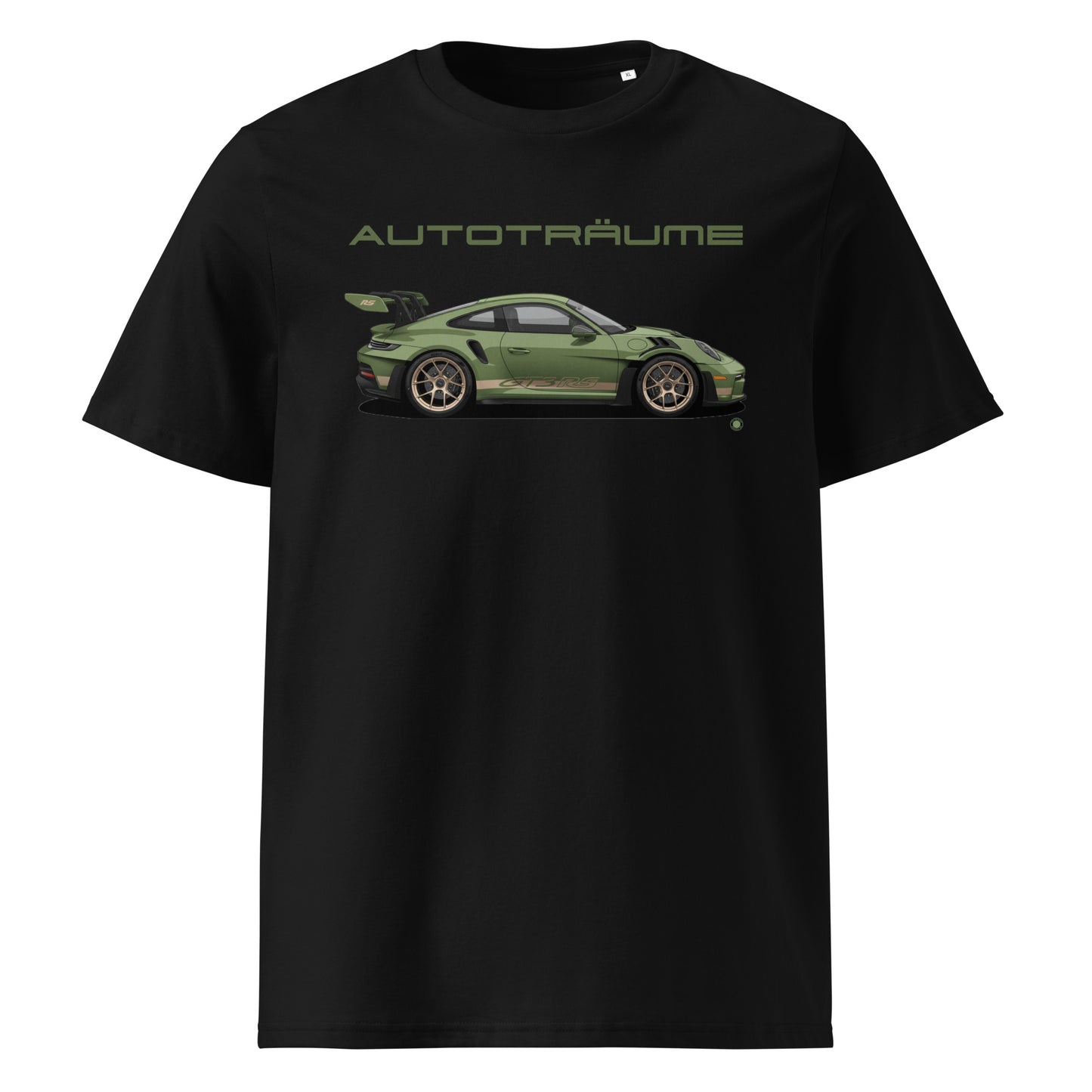 Black unisex organic cotton t-shirt with olive green Porsche GT3 RS illustration and “AUTOTRÄUME” text. TheTeeShop Porsche Collection exclusive.