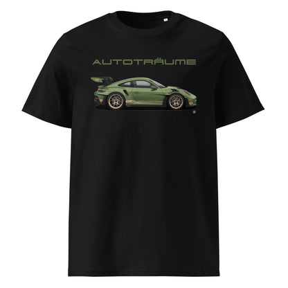 Black unisex organic cotton t-shirt with olive green Porsche GT3 RS illustration and “AUTOTRÄUME” text. TheTeeShop Porsche Collection exclusive.
