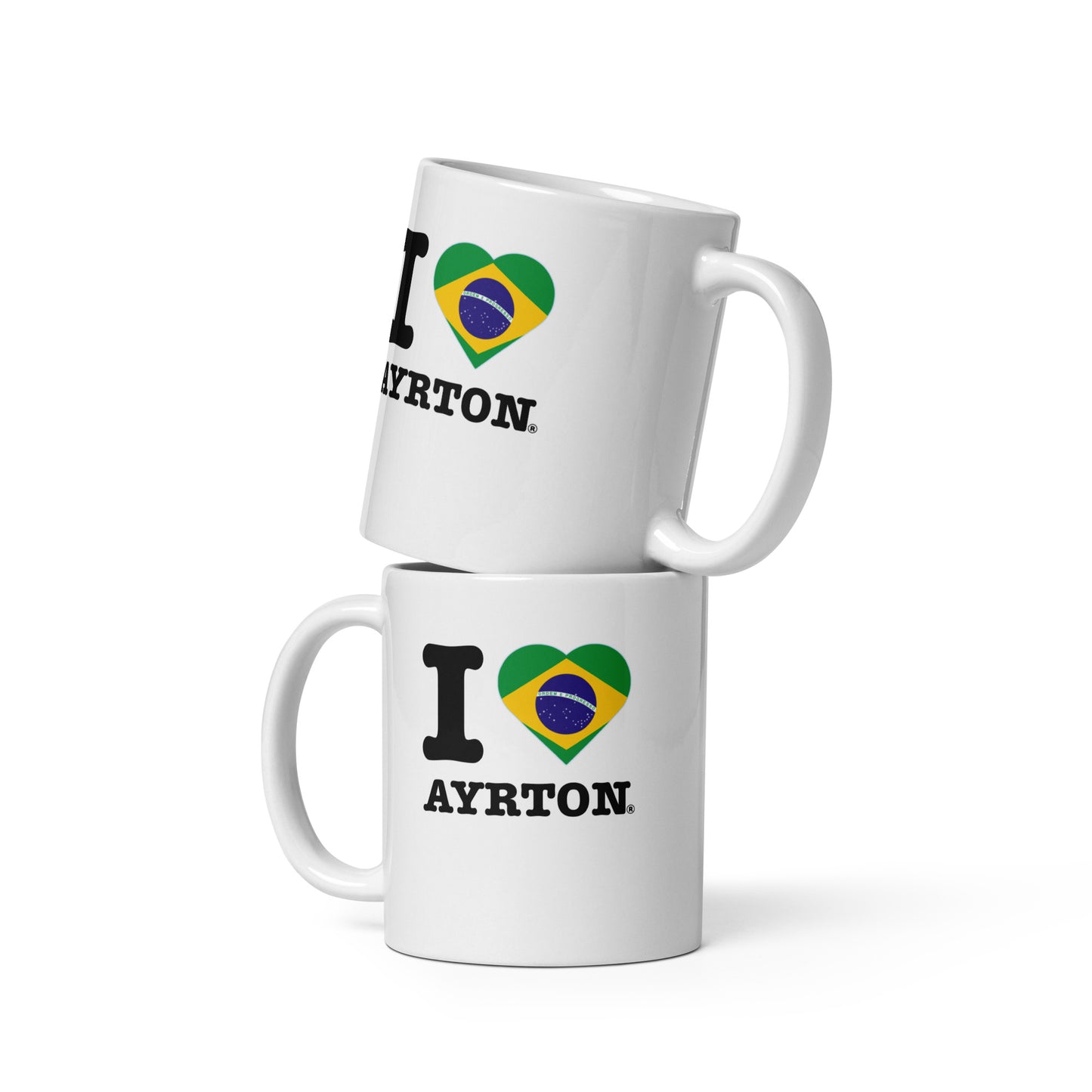 Front view of the large Ayrton Senna Brazil Heart hot chocolate mug. Great for fans of F1 drivers and in this case Ayrton Senna.