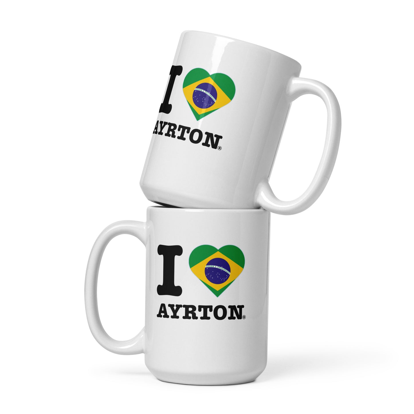 Front view of the Ayrton Senna Brazil Heart coffee or tea mug. Great for fans of F1 drivers and in this case the one and only Ayrton.