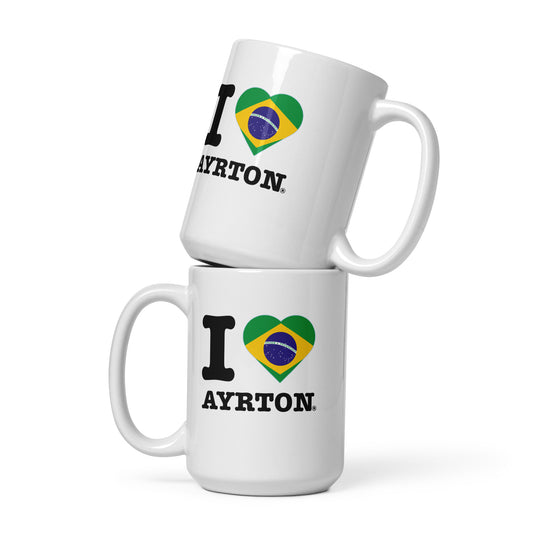 Front view of the Ayrton Senna Brazil Heart coffee or tea mug. Great for fans of F1 drivers and in this case the one and only Ayrton.