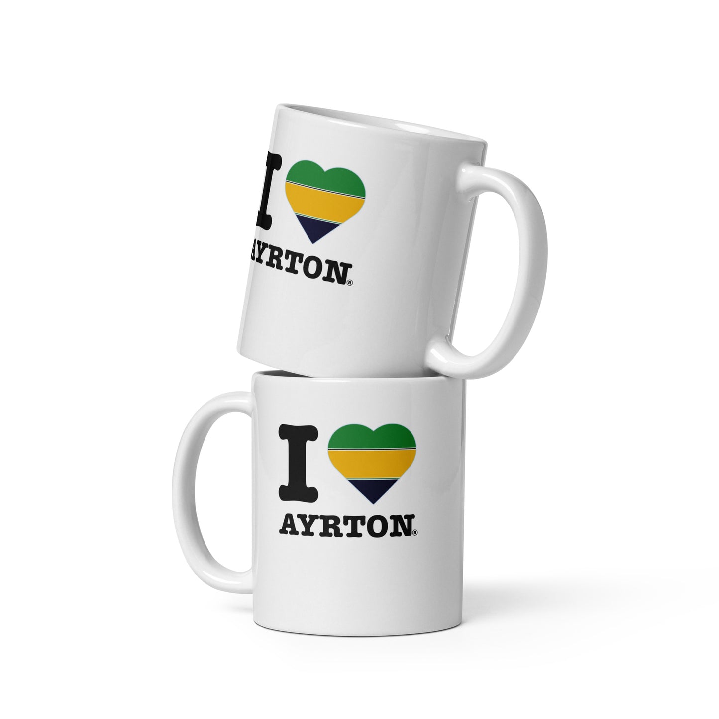 Front view of the large Ayrton Senna Stripped Heart hot chocolate mug. Great for fans of F1 drivers and in this case Ayrton Senna.