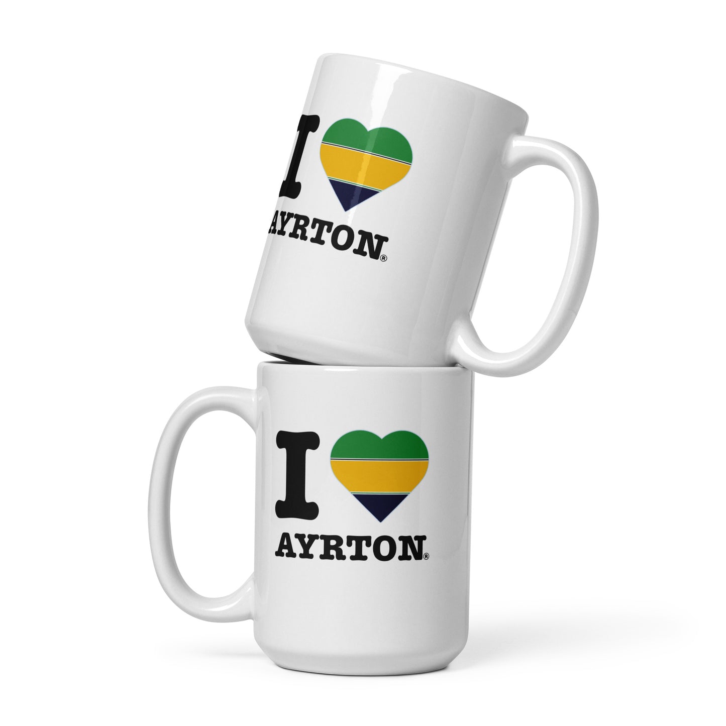 Front view of the Ayrton Senna Striped Heart coffee or tea mug. Great for fans of F1 drivers and in this case the one and only Ayrton.