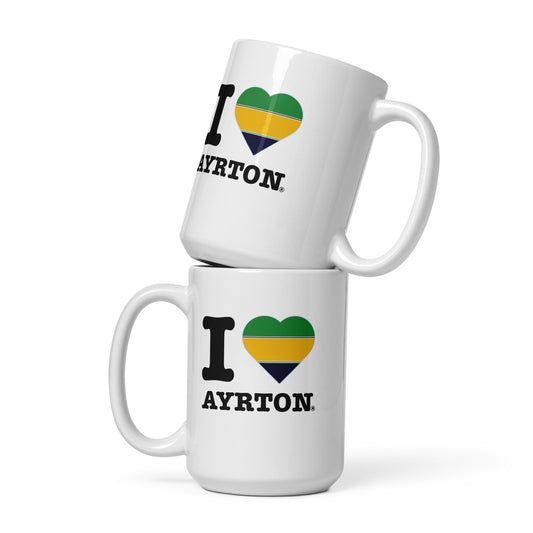 Front view of the Ayrton Senna Striped Heart coffee or tea mug. Great for fans of F1 drivers and in this case the one and only Ayrton.
