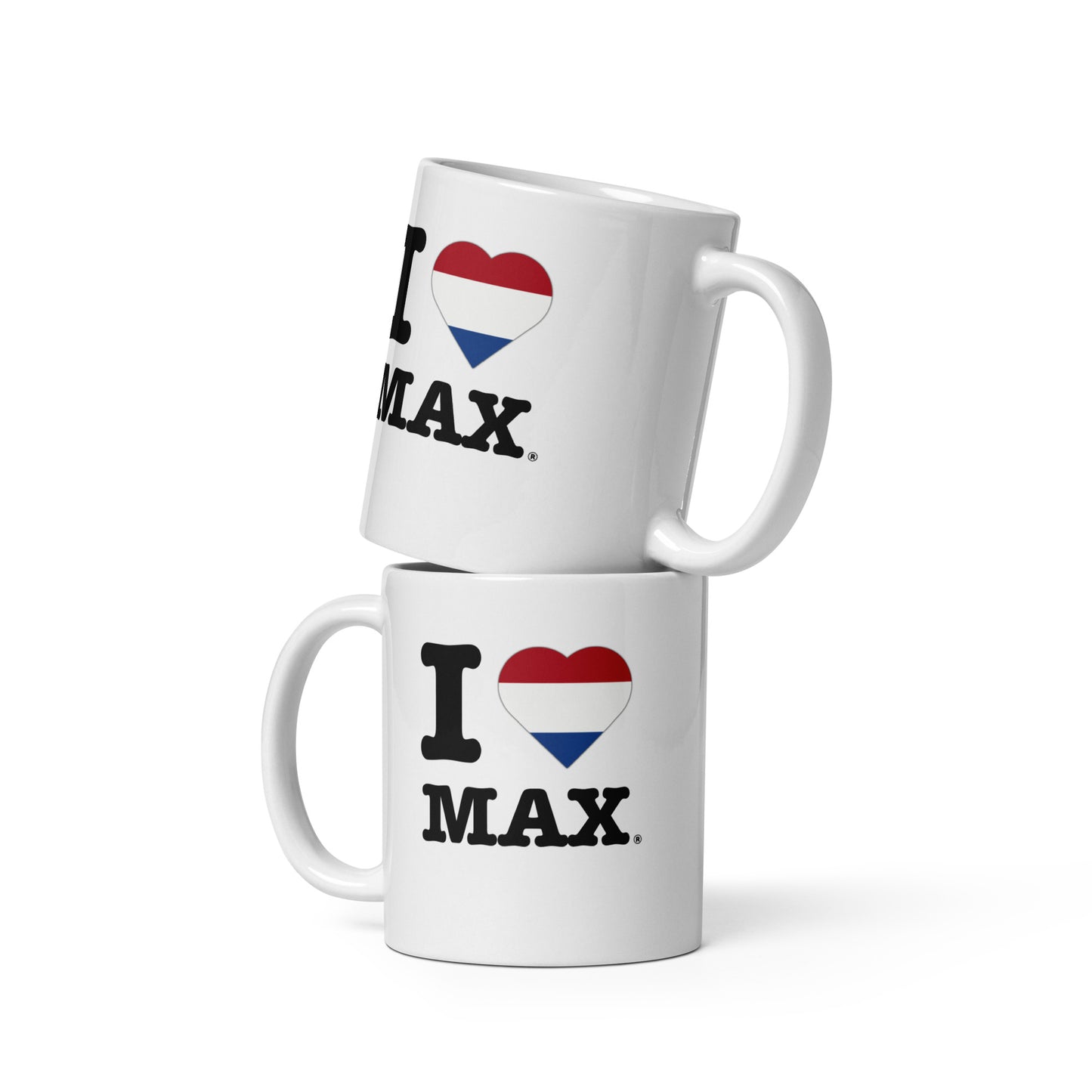 Front view of the Max Verstappen Dutch Heart coffee or tea mug. Great for fans of F1 drivers and in this case the one and only Max.