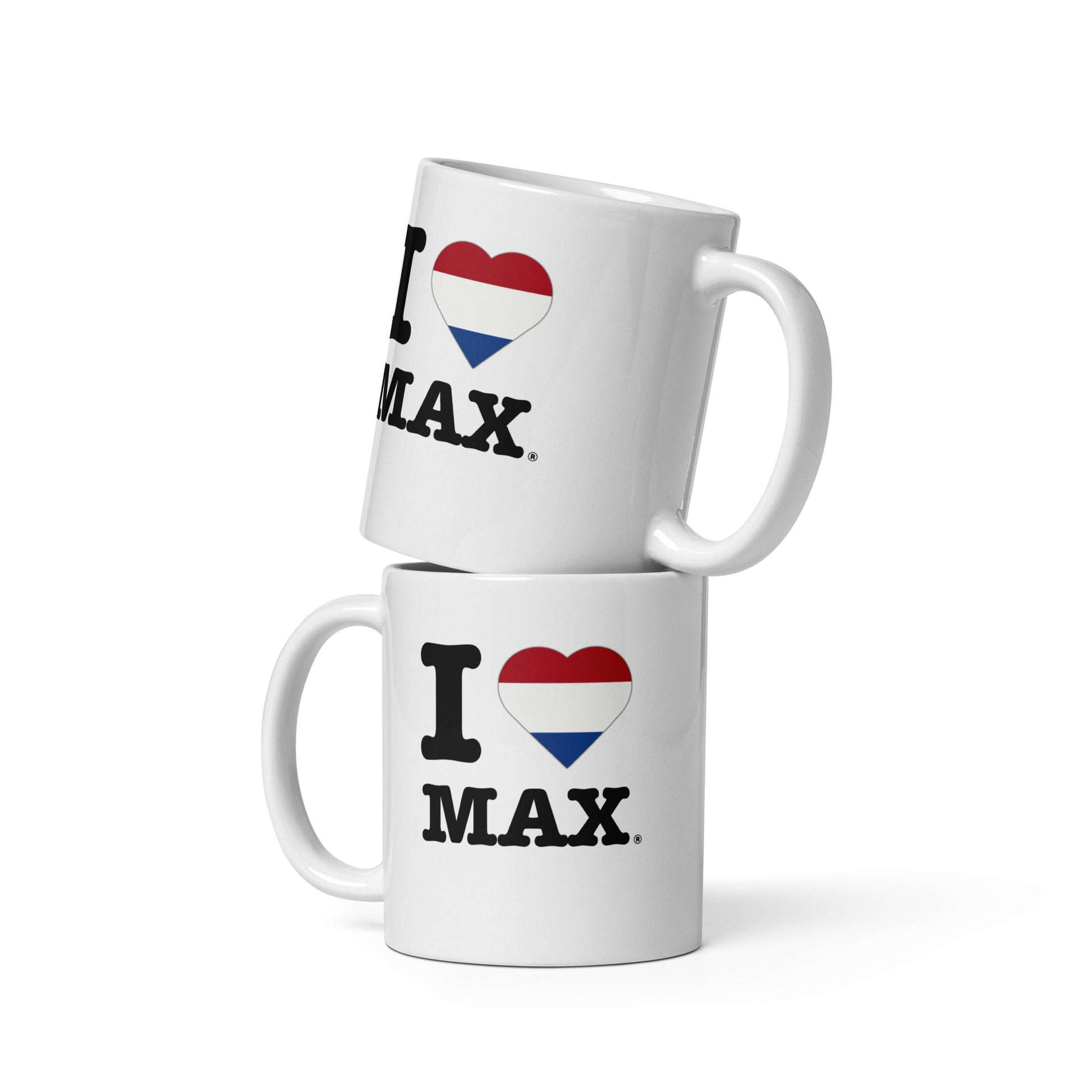 Front view of the Max Verstappen Dutch Heart coffee or tea mug. Great for fans of F1 drivers and in this case the one and only Max.