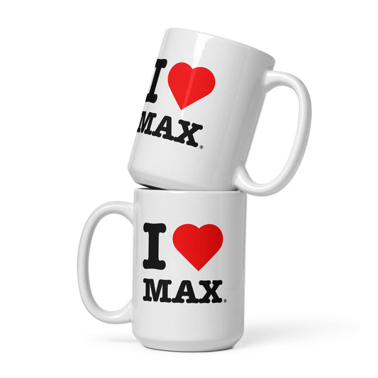 Front view of the large Max Verstappen red Heart hot chocolate mug. Great for fans of F1 drivers and in this case Max Verstappen.