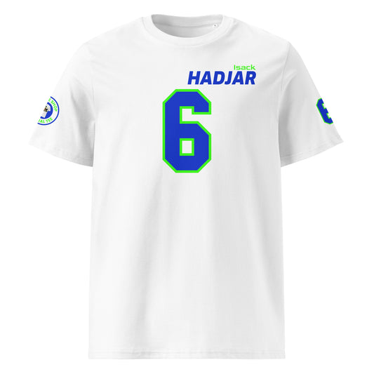View the front of the white Isack Hadjar T-Shirt, featuring "Isack Hadjar" and the number "6" in blue with green outlines. Perfect for F1 fans and petrol heads.