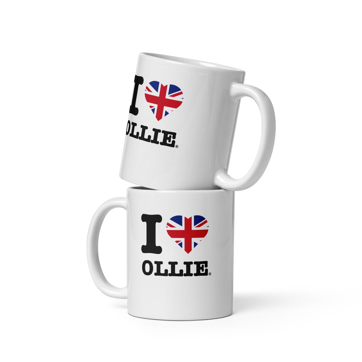 Front view of the 11oz Ollie Bearman British Heart coffee or tea mug. Great for fans of British driver and in this case Ollie Bearman.