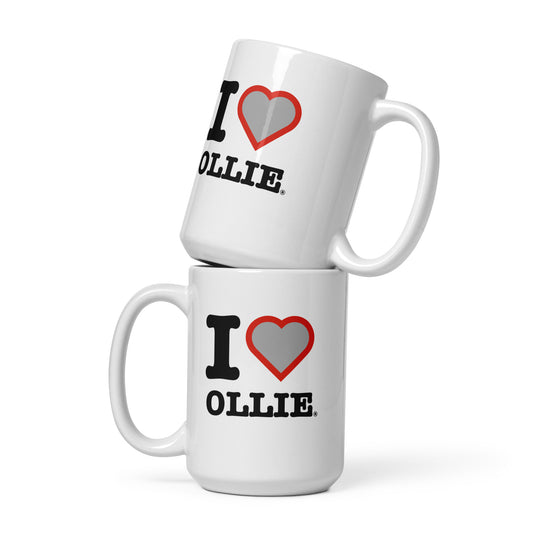 Front view of the large Ollie Bearman Mercedes Haas colours Heart hot chocolate mug. Great for fans of British driver and in this case George Russell.