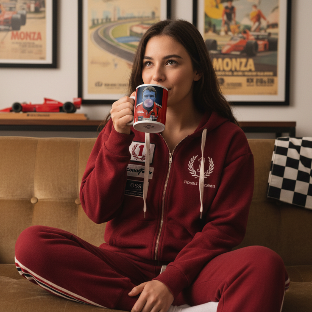 Female Race fan in vintage or red homewear, enjoying a hot drink from the il Lionne Mug while relaxing on the sofa with classic motorsport décor in the background.