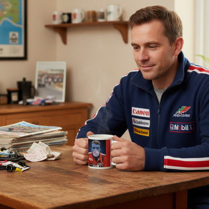 Male race fan in retro racing loungewear, drinking from the il Lionne Mug at home, with classic motorsport memorabilia in the background.