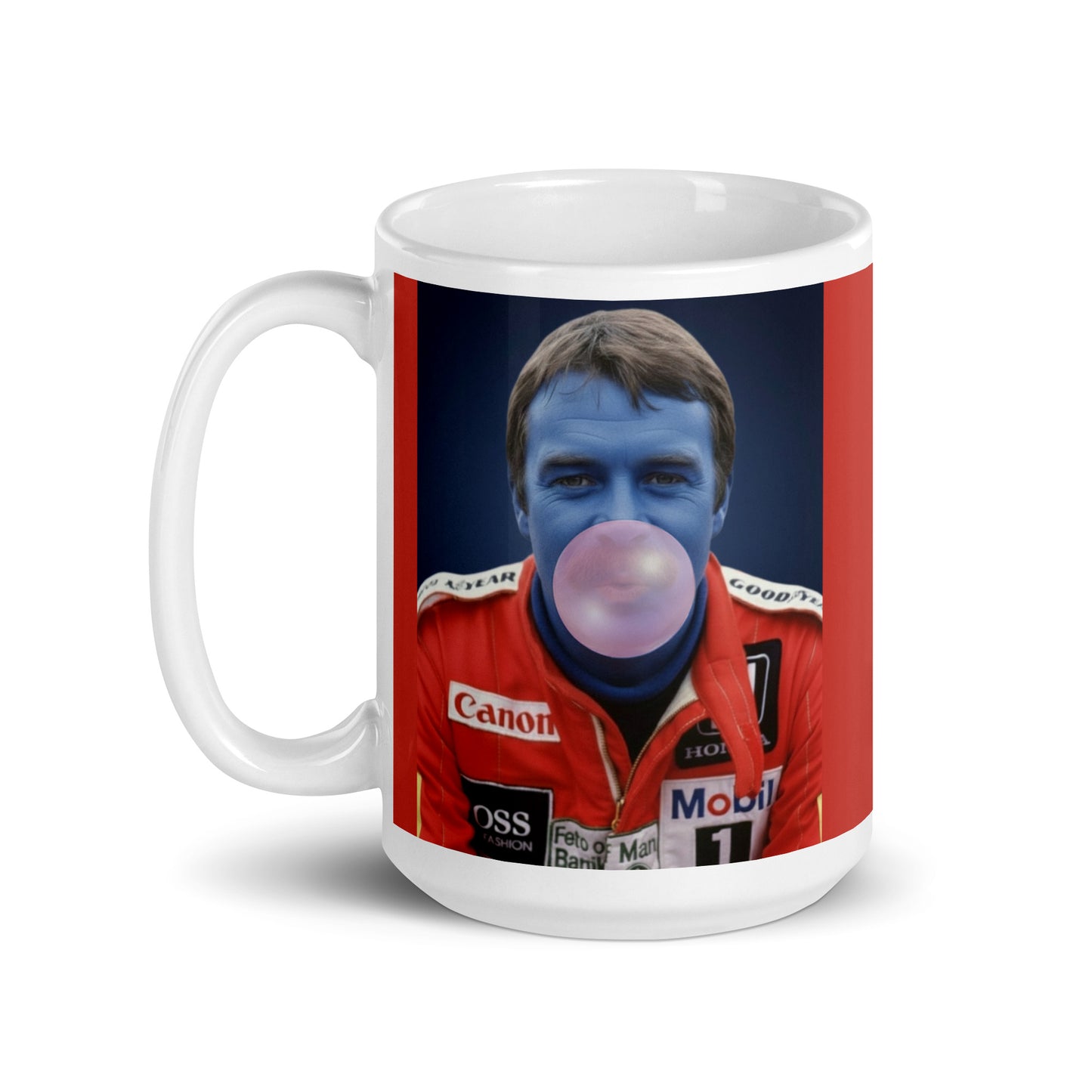 White ceramic 15oz mug with a bold red background featuring a pop-art style portrait of Nigel Mansell in a red racing suit, blue-tinted face, and blowing a bubblegum bubble.