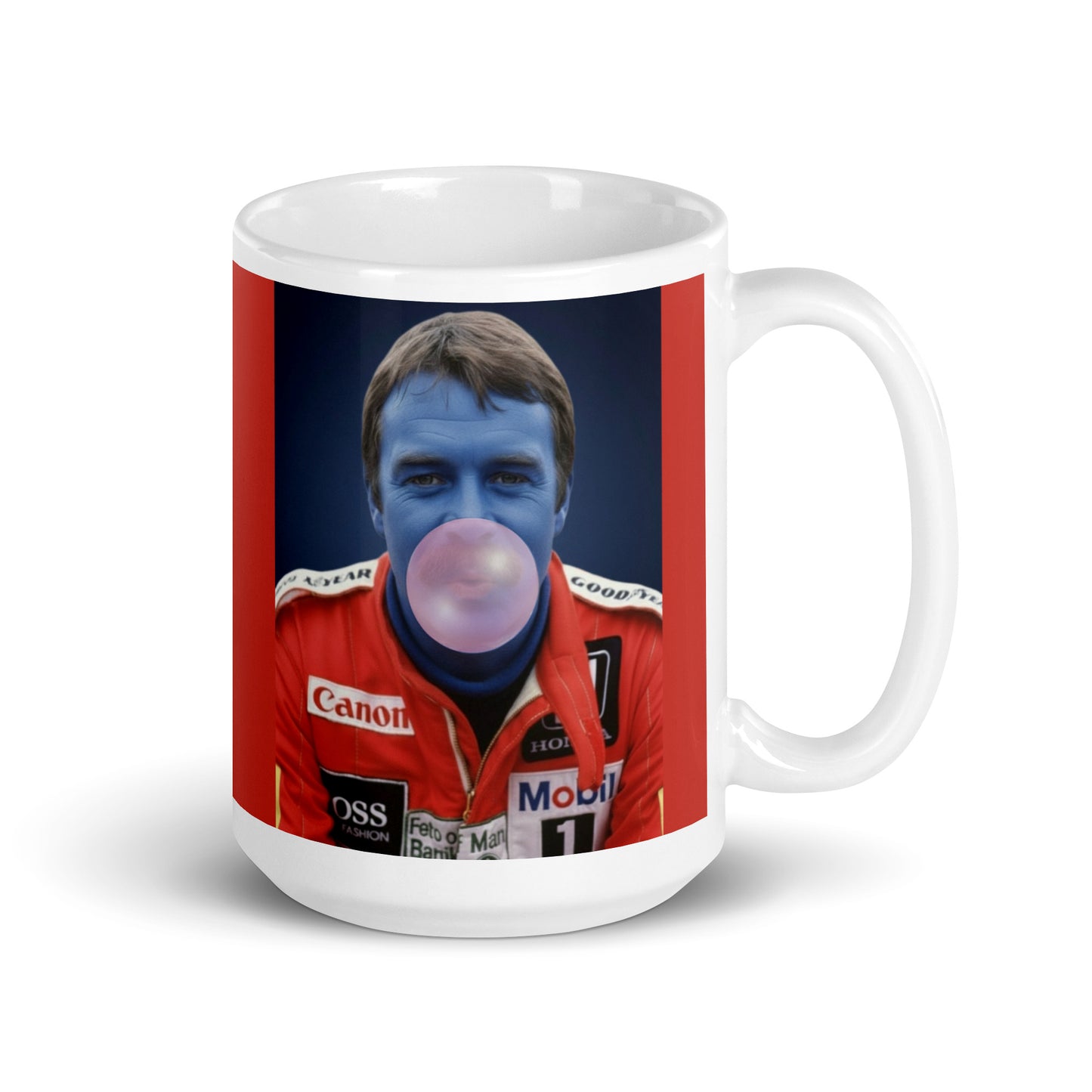White ceramic 15oz mug with a bold red background featuring a pop-art style portrait of Nigel Mansell in a red racing suit, blue-tinted face, and blowing a bubblegum bubble.