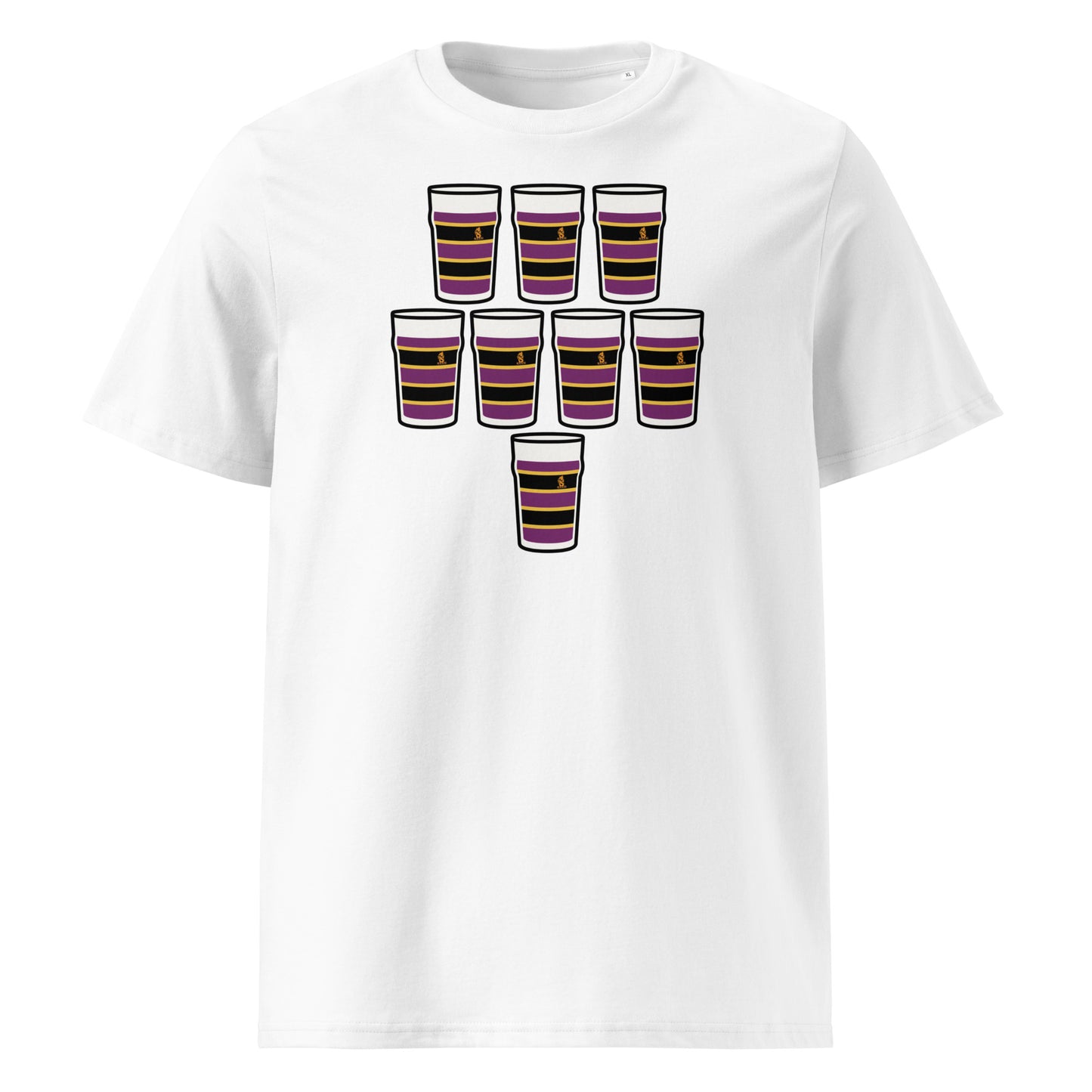 White t-shirt with eight purple and black hooped pint glasses arranged in a rugby scrum formation with gold detail