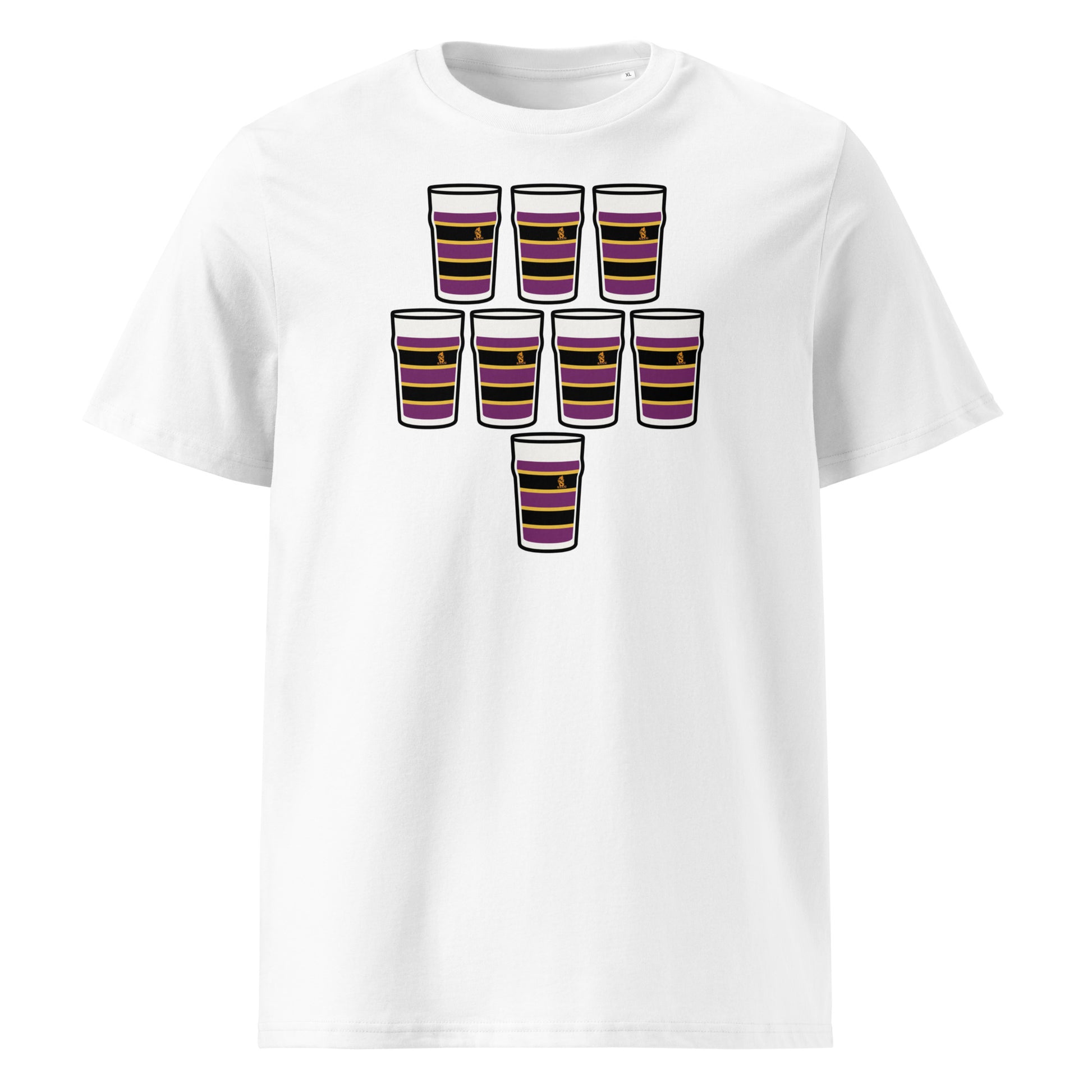 White t-shirt with eight purple and black hooped pint glasses arranged in a rugby scrum formation with gold detail