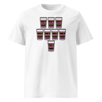 White t-shirt with eight purple and black hooped pint glasses arranged in a rugby scrum formation with gold detail