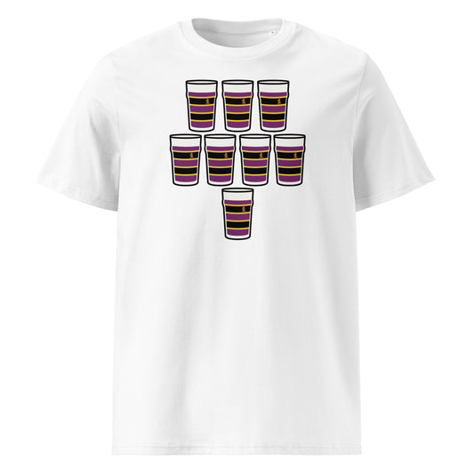 White t-shirt with eight purple and black hooped pint glasses arranged in a rugby scrum formation with gold detail