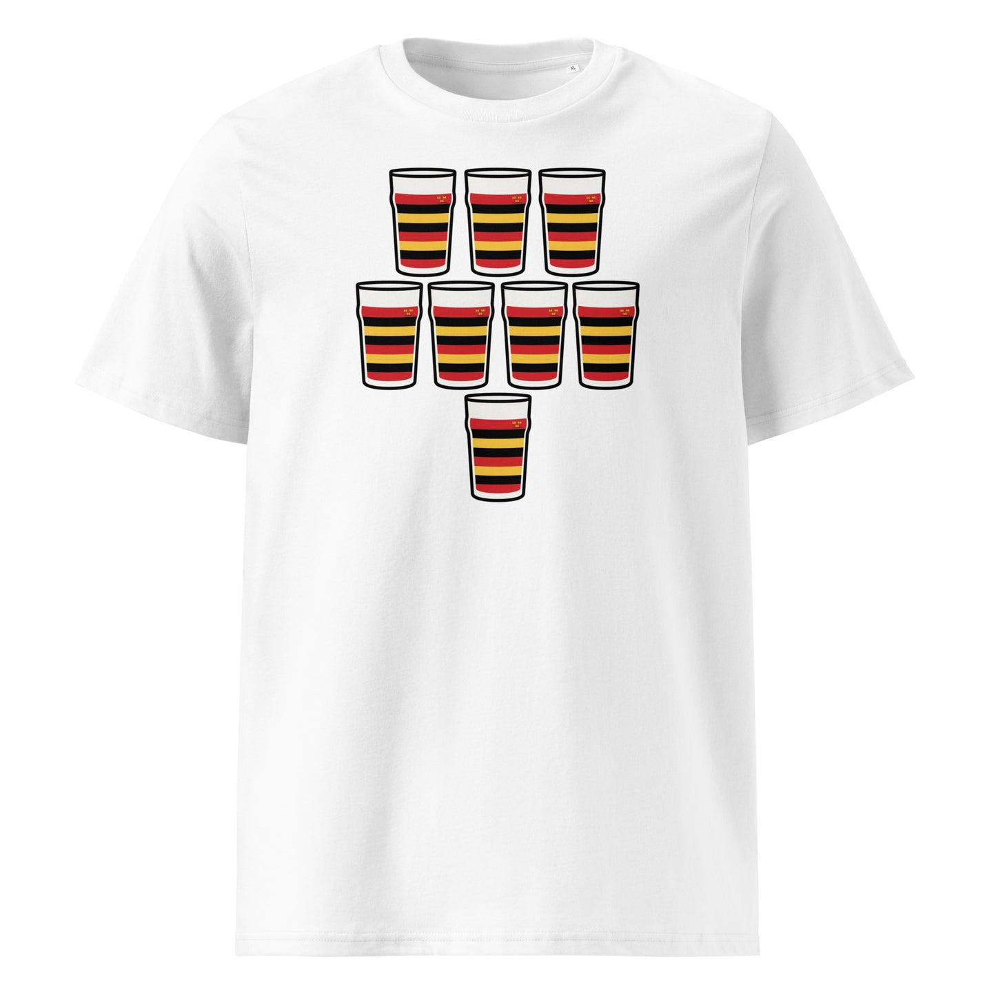 White t-shirt with eight red, black and gold striped pint glasses arranged in a rugby scrum formation, Lansdowne rugby colours