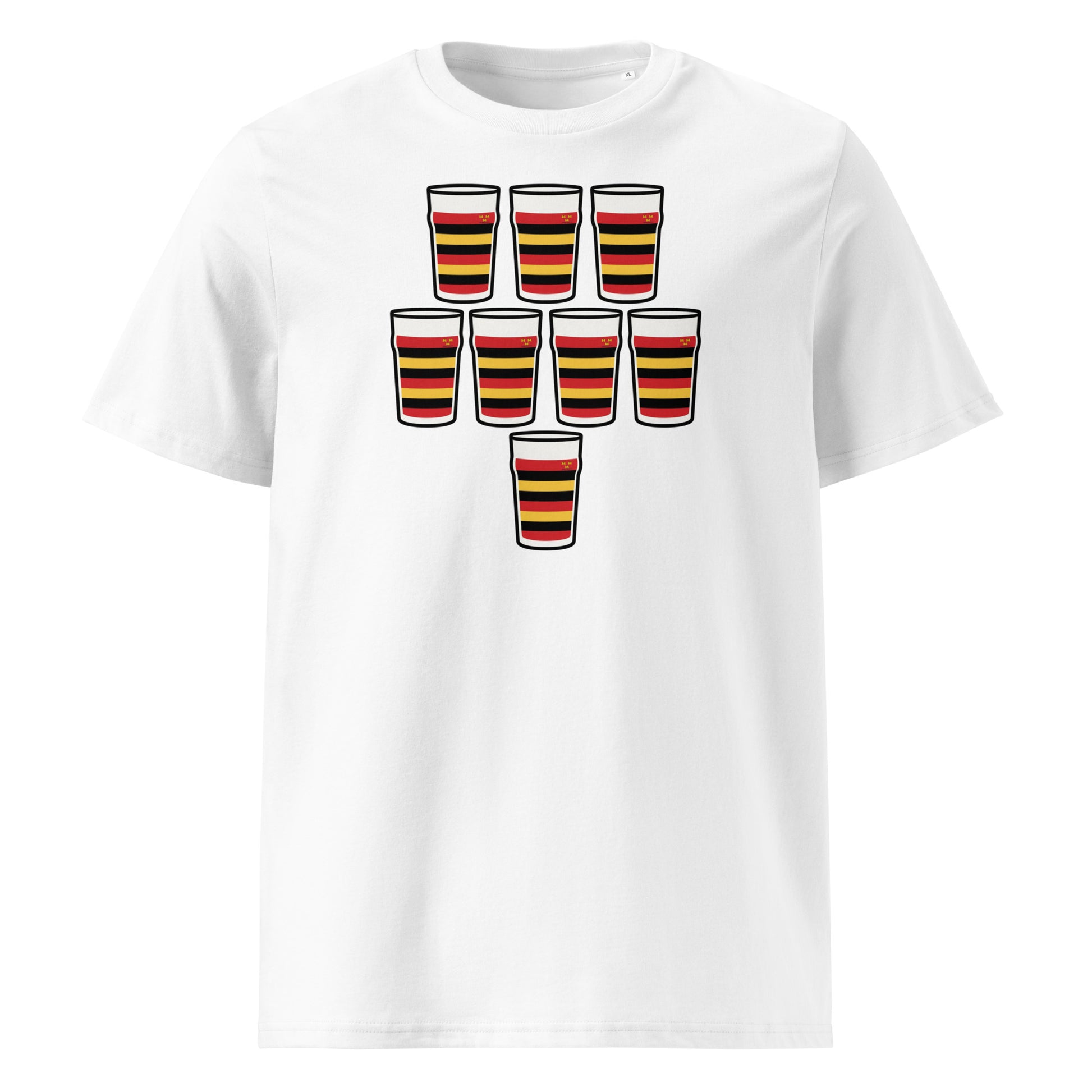 White t-shirt with eight red, black and gold striped pint glasses arranged in a rugby scrum formation, Lansdowne rugby colours