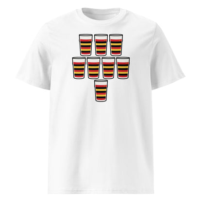 White t-shirt with eight red, black and gold striped pint glasses arranged in a rugby scrum formation, Lansdowne rugby colours