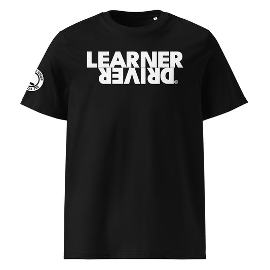 Black organic cotton t-shirt with bold white “LEARNER DRIVER” text printed upside down on the front, right sleeve logo, perfect for car meet fans and new drivers, front view.