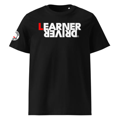 Black organic cotton t-shirt with upside down “LEARNER DRIVER” print, bold red L on front, right sleeve logo with red L, perfect funny gift for car meet fans and drivers who love a laugh, front view.