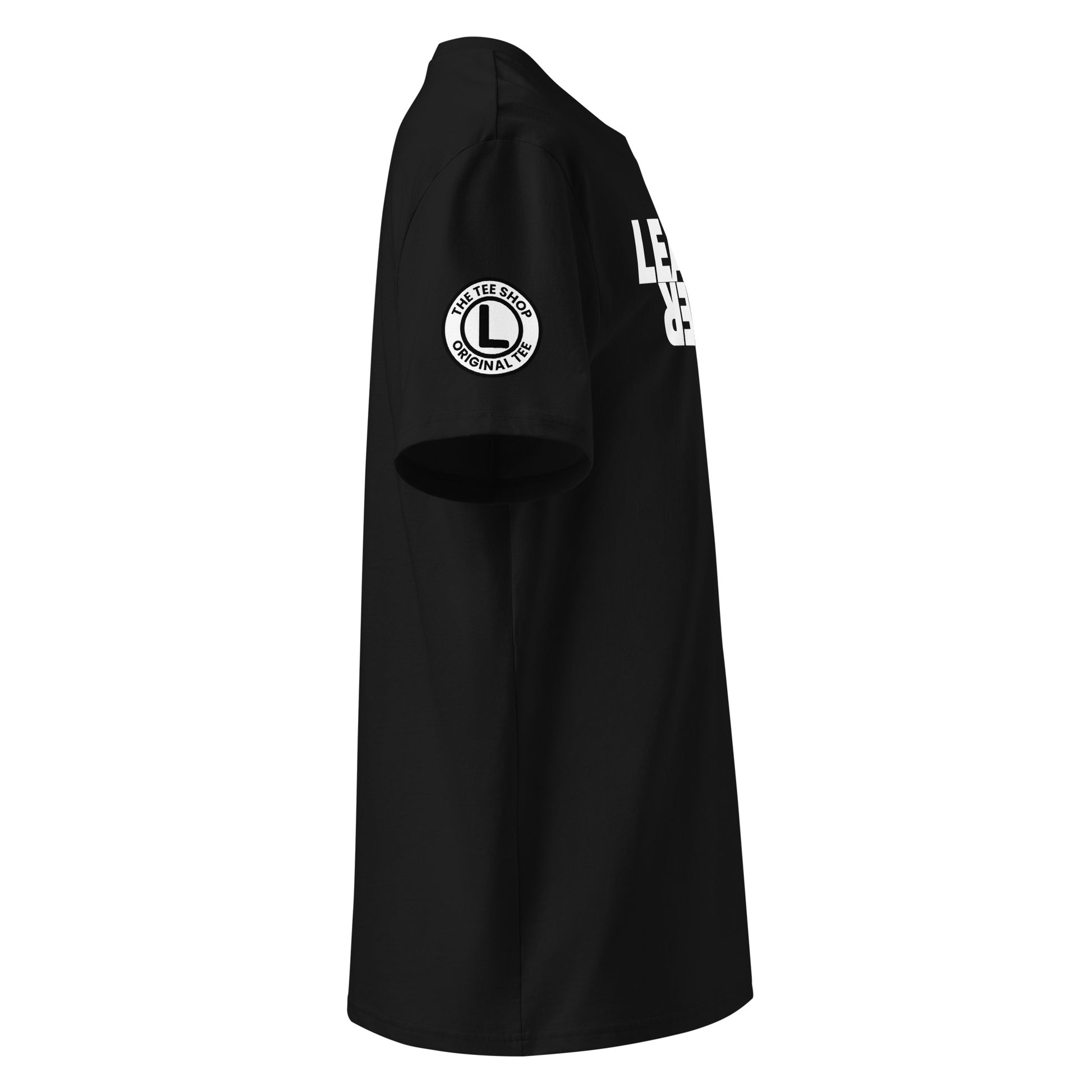 Right side view of black LEARNER DRIVER t-shirt, upside down white print, round TheTeeShop logo on right sleeve, organic cotton, ideal for car meet enthusiasts.