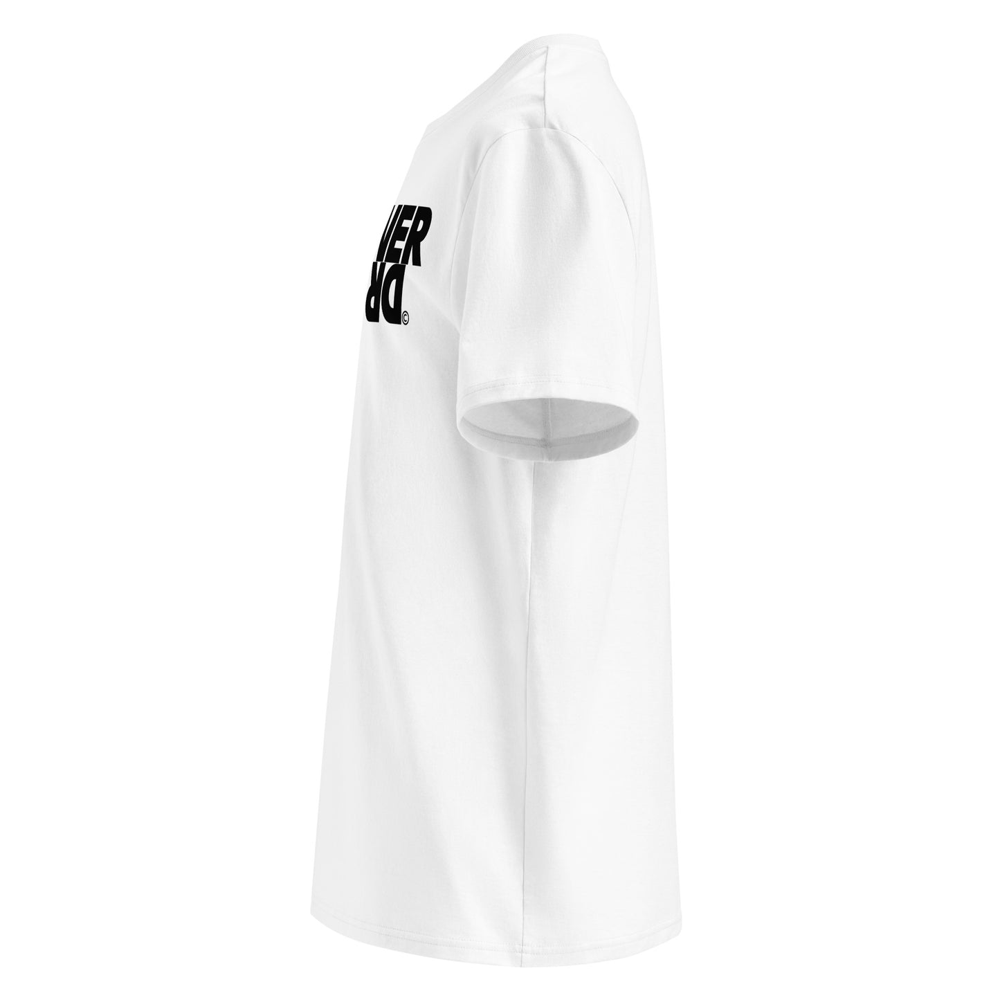 Left side view of white LEARNER DRIVER upside down t-shirt, bold black print on front, right sleeve with TheTeeShop logo, Car Meet Collection.