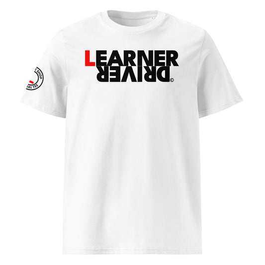 White organic cotton t-shirt with upside down “LEARNER DRIVER” print, bold red L on front, right sleeve logo with red L, perfect funny gift for car meet fans and drivers who love a laugh, front view.