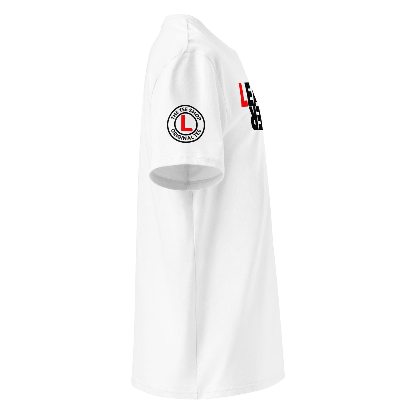 Right side of white LEARNER DRIVER upside down meme t-shirt, red L on front, round logo with red L on right sleeve, ideal for car meet and motorsport fans.