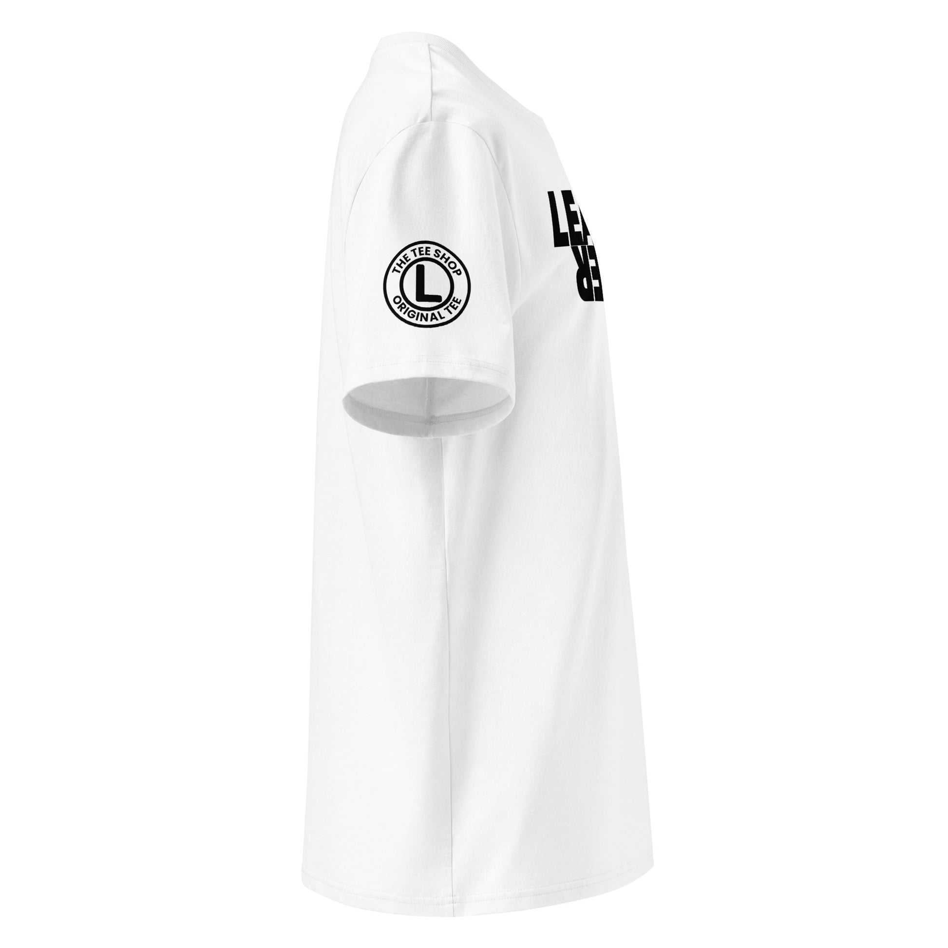 Right side view of white LEARNER DRIVER t-shirt, upside down black print, round TheTeeShop logo on right sleeve, organic cotton, ideal for car meet enthusiasts.