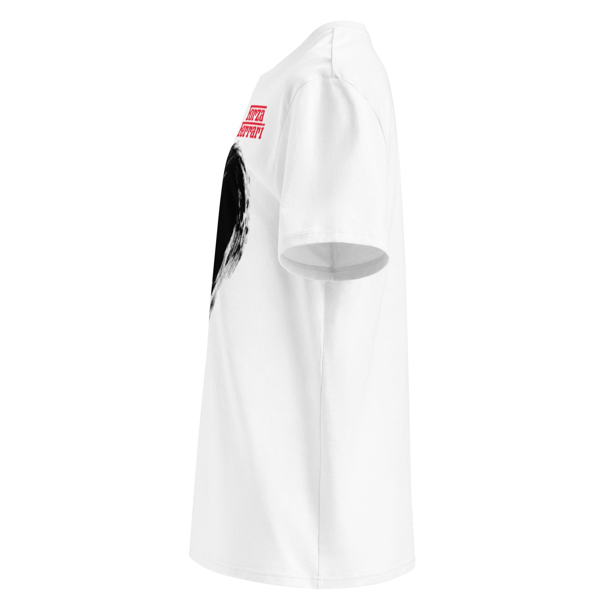 Left view of our 2025 season Ferrari shirt that features a large black heard and Forza Ferrari in red distinct lettering.