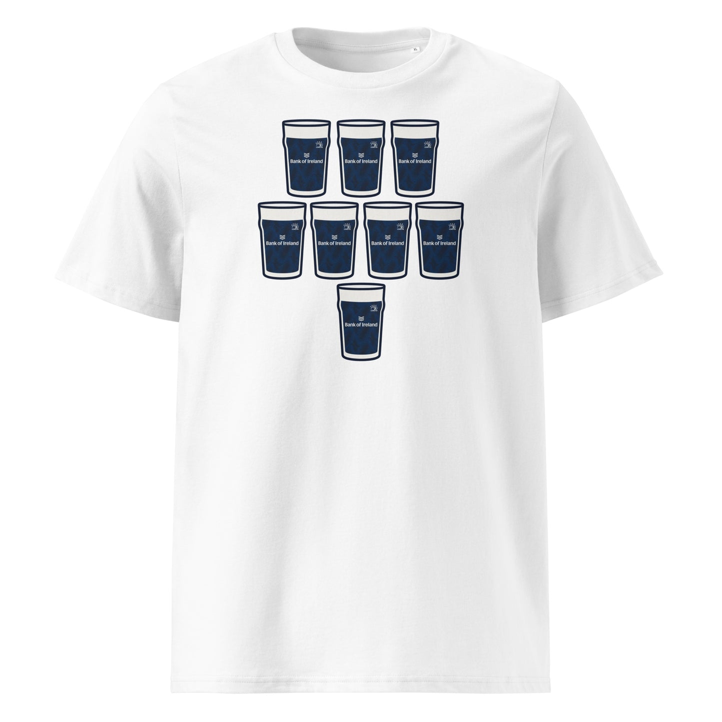 White t-shirt with eight navy pint glasses arranged in a rugby scrum formation with Leinster Europe-inspired detailing