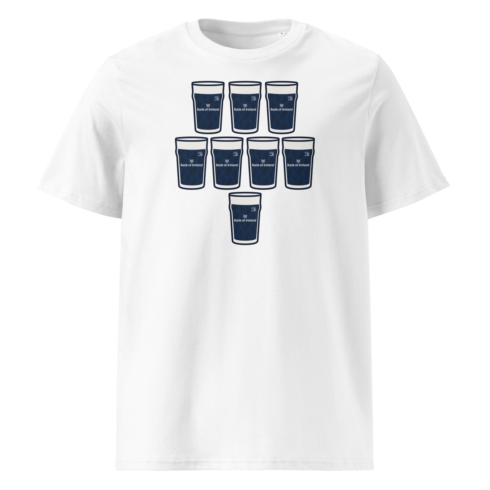 White t-shirt with eight navy pint glasses arranged in a rugby scrum formation with Leinster Europe-inspired detailing