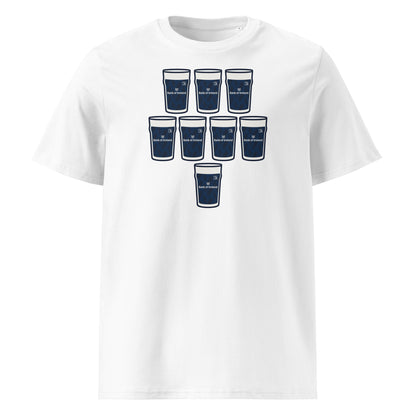 White t-shirt with eight navy pint glasses arranged in a rugby scrum formation with Leinster Europe-inspired detailing