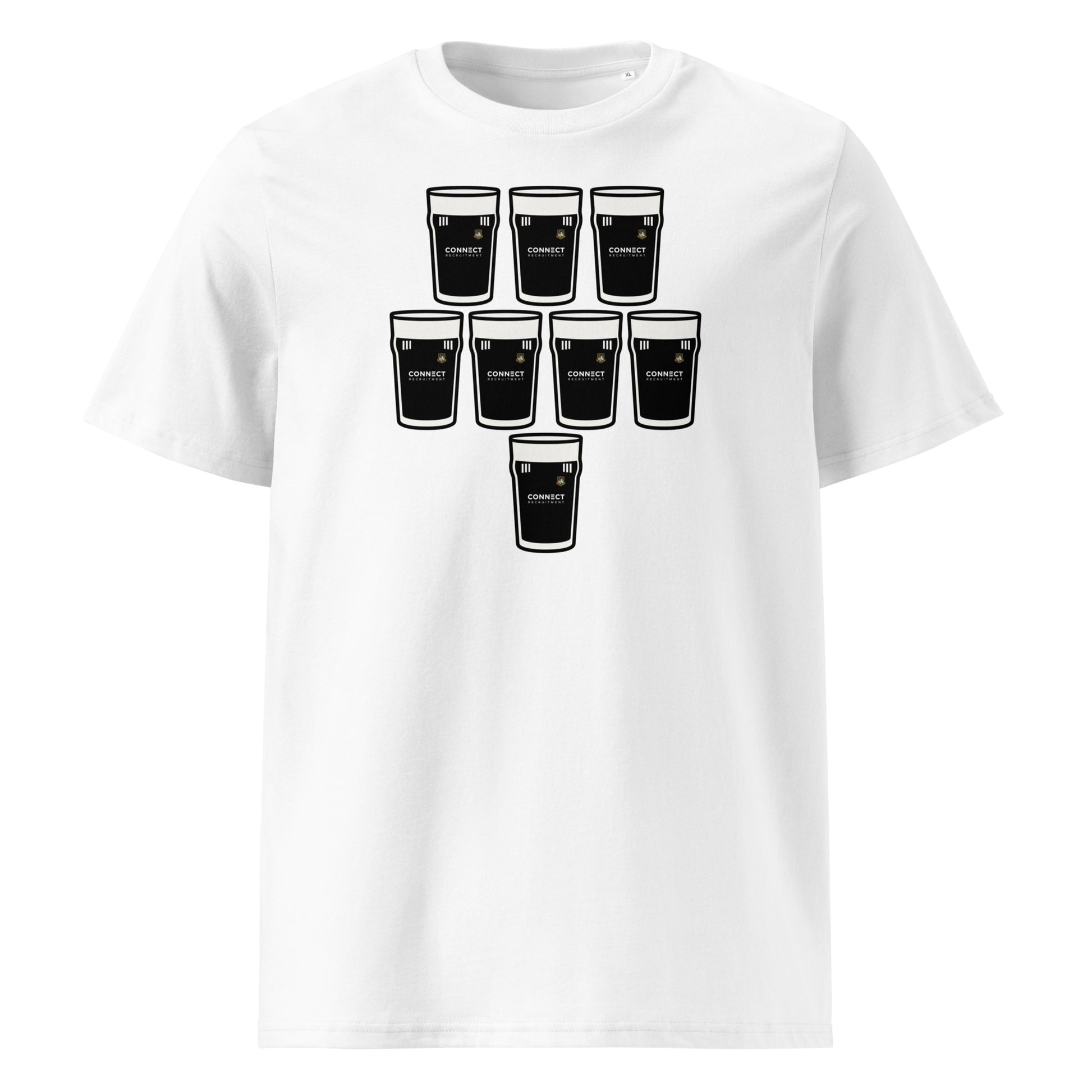 White t-shirt with eight black pint glasses arranged in a rugby scrum formation with Longford RFC crest.