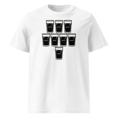 White t-shirt with eight black pint glasses arranged in a rugby scrum formation with Longford RFC crest.