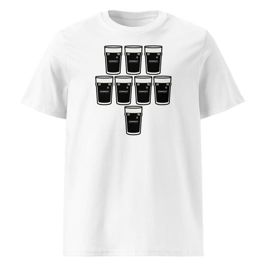 White t-shirt with eight black pint glasses arranged in a rugby scrum formation with Longford RFC crest.