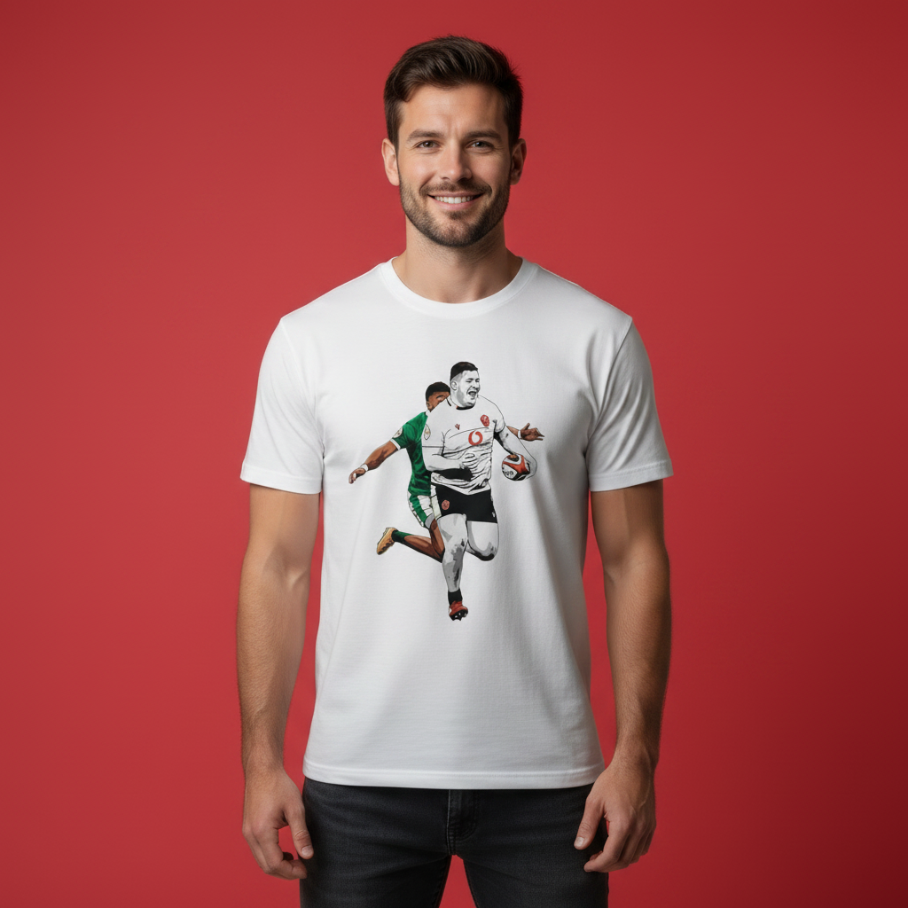 Fan wearing a white Welsh rugby t-shirt with a rugby design on a red background