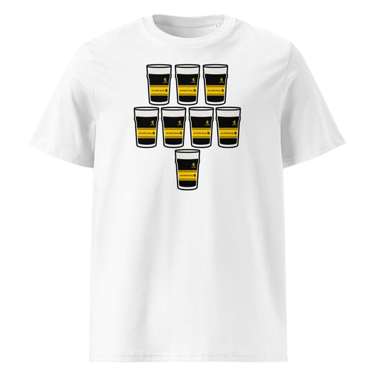 White t-shirt with eight black pint glasses arranged in a rugby scrum formation with a yellow band and sponsor-style text