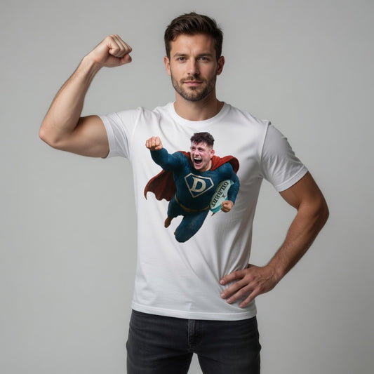 Man wearing a white rugby t-shirt with a superhero graphic on a grey background