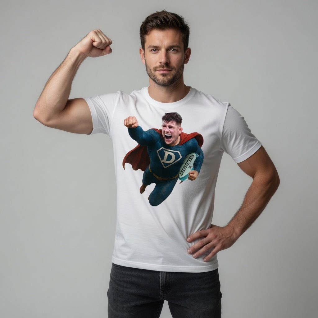 Man wearing a white rugby t-shirt with a superhero graphic on a grey background