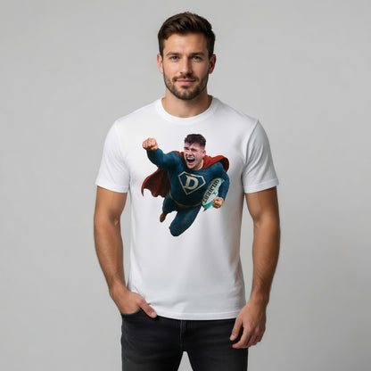 Man wearing a white rugby t-shirt with a superhero graphic on a grey background
