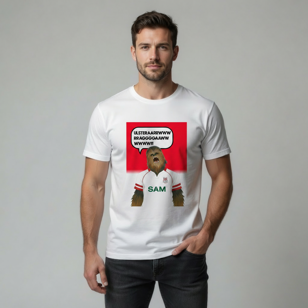 Man wearing a white t-shirt with a graphic of a wookie in an Ulster rugby jersey and text on a grey background