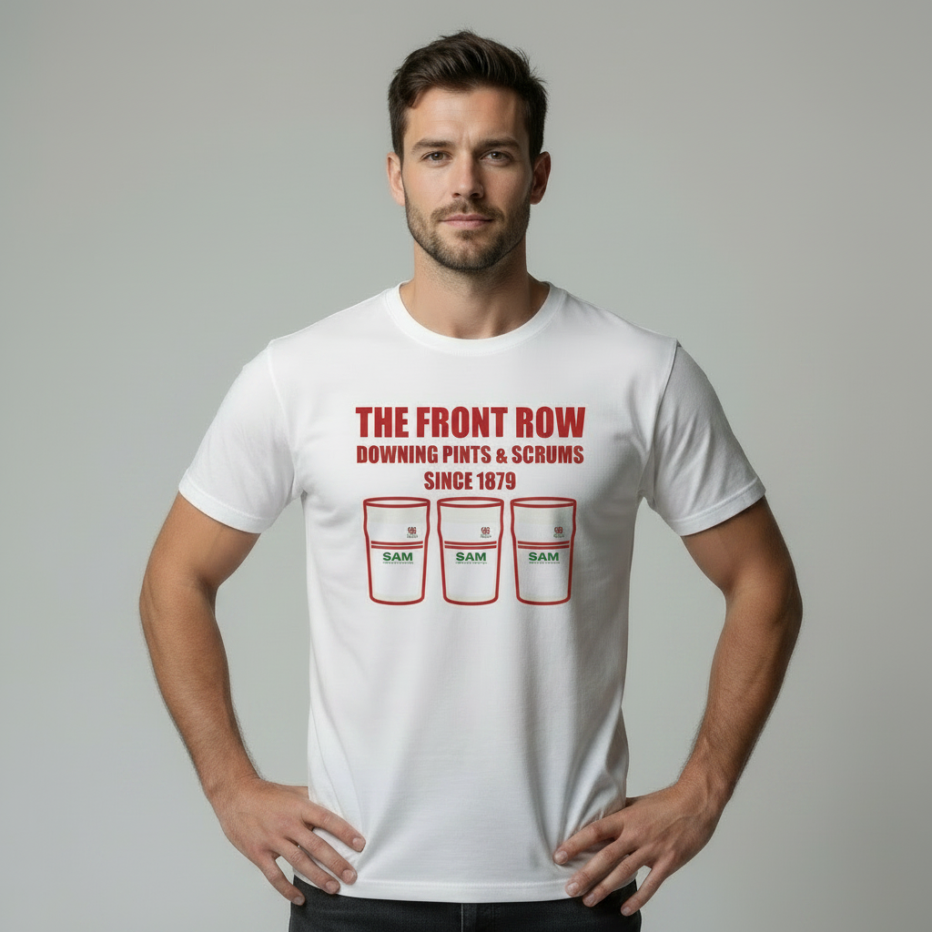 Man wearing a white Ulster rugby t-shirt with red text and graphics on a grey background