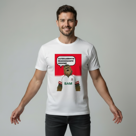 Man wearing a white t-shirt with a graphic of a wookie in an Ulster rugby jersey and text on a grey background with arm out