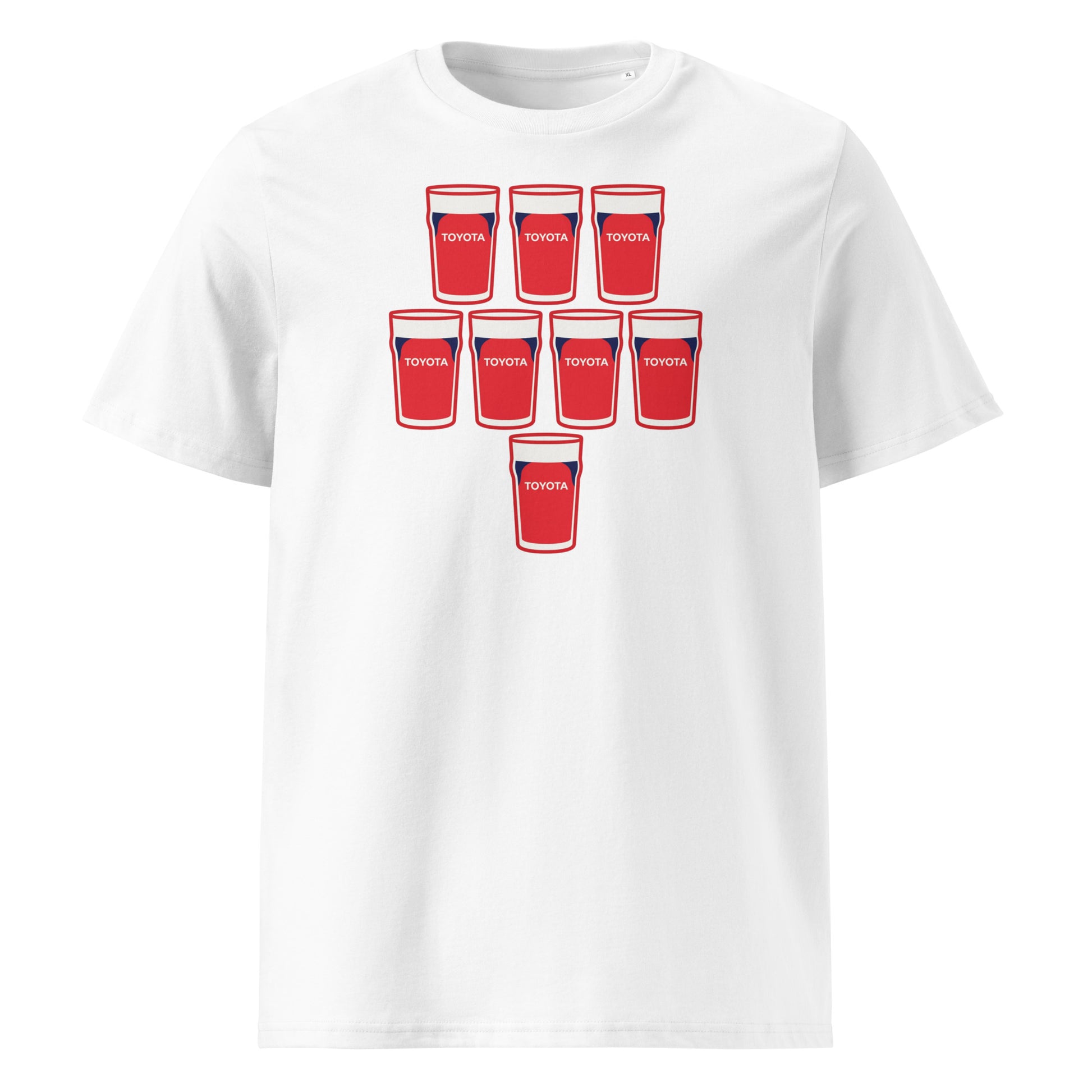 White t-shirt with eight red pint glasses arranged in a rugby scrum formation with navy shoulder detail and sponsor-style text, Munster Europe-inspired